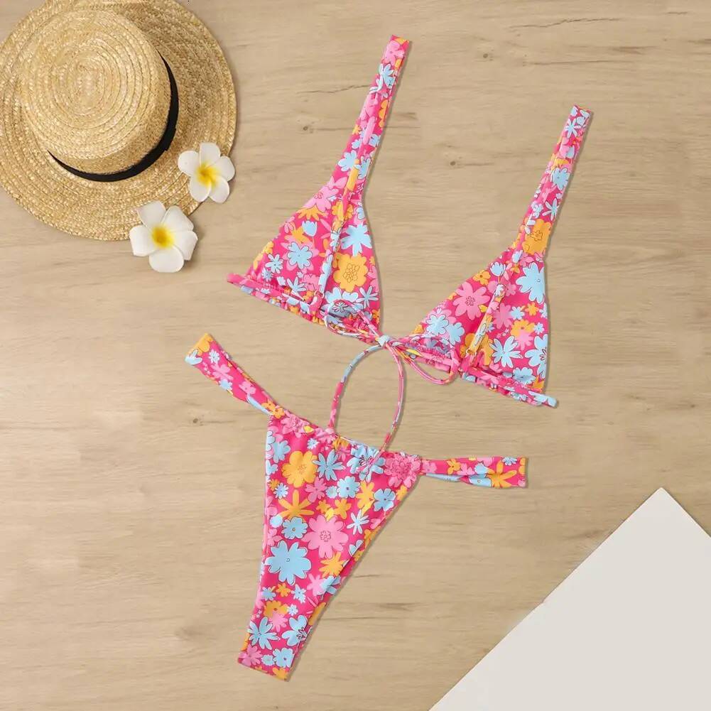 Reversible Two-piece Swimsuit Floral Print V-neck Bikini Set with High Waist Women for Summer
