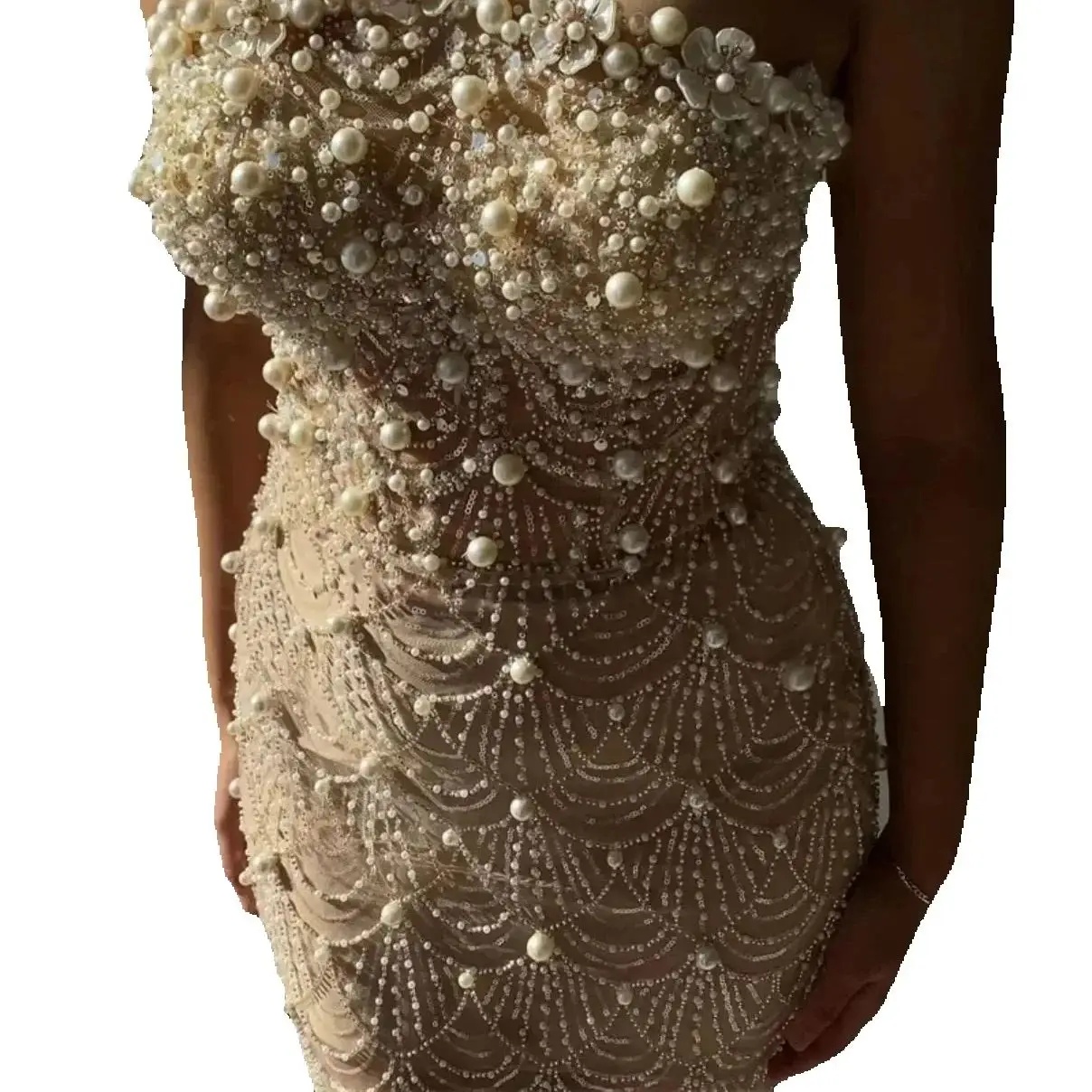Gorgeous Pearls Prom Dresses Elegant Sequins Lace Beaded Evening Dress Sleeveless Strapless Celebrity Party Gown Customized
