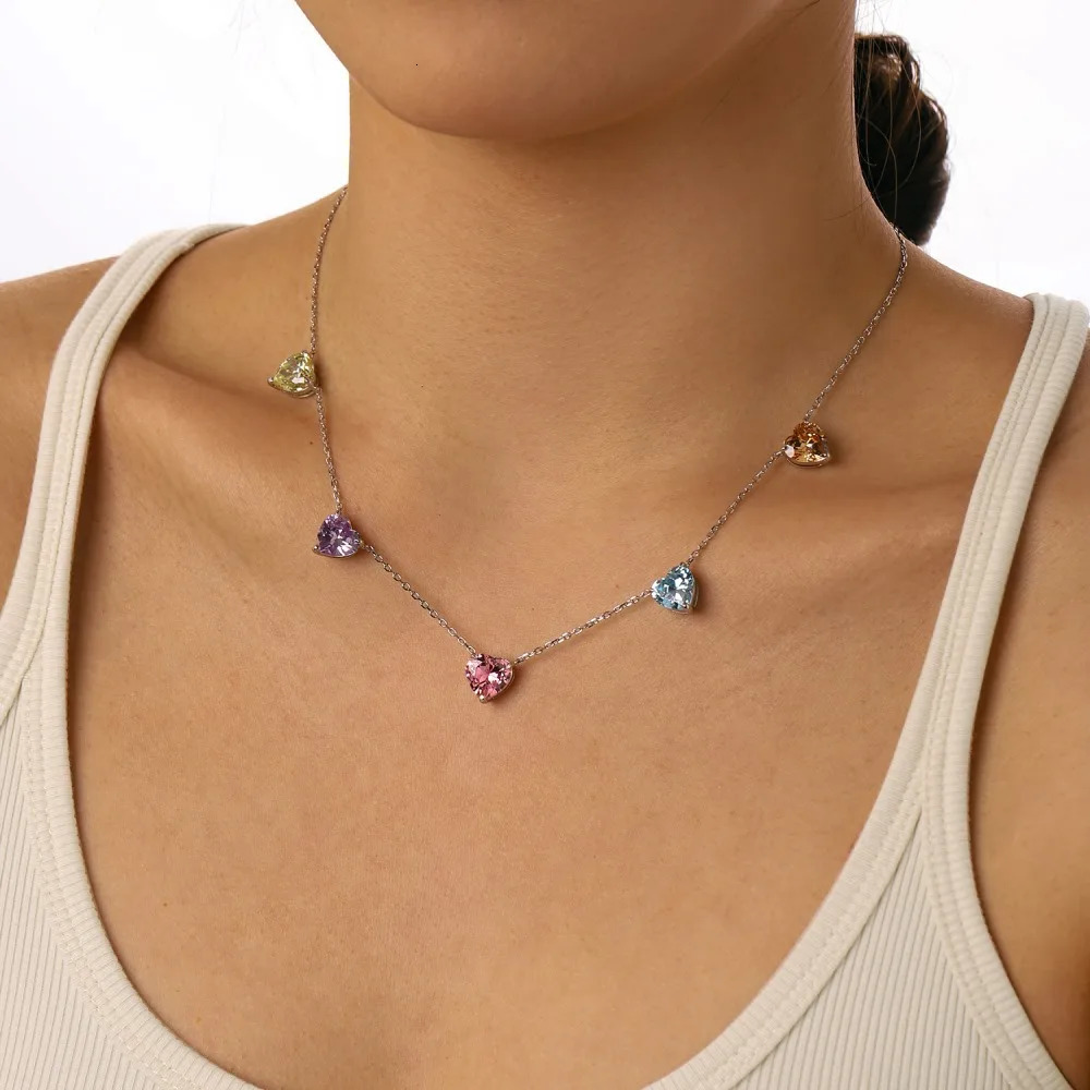 Genuine S925 Sterling Silver Necklace 5 Rainbow Heart Pendants Cubic Zircon Elegant Jewelry Gift for Women Wife Girlfriend 250609