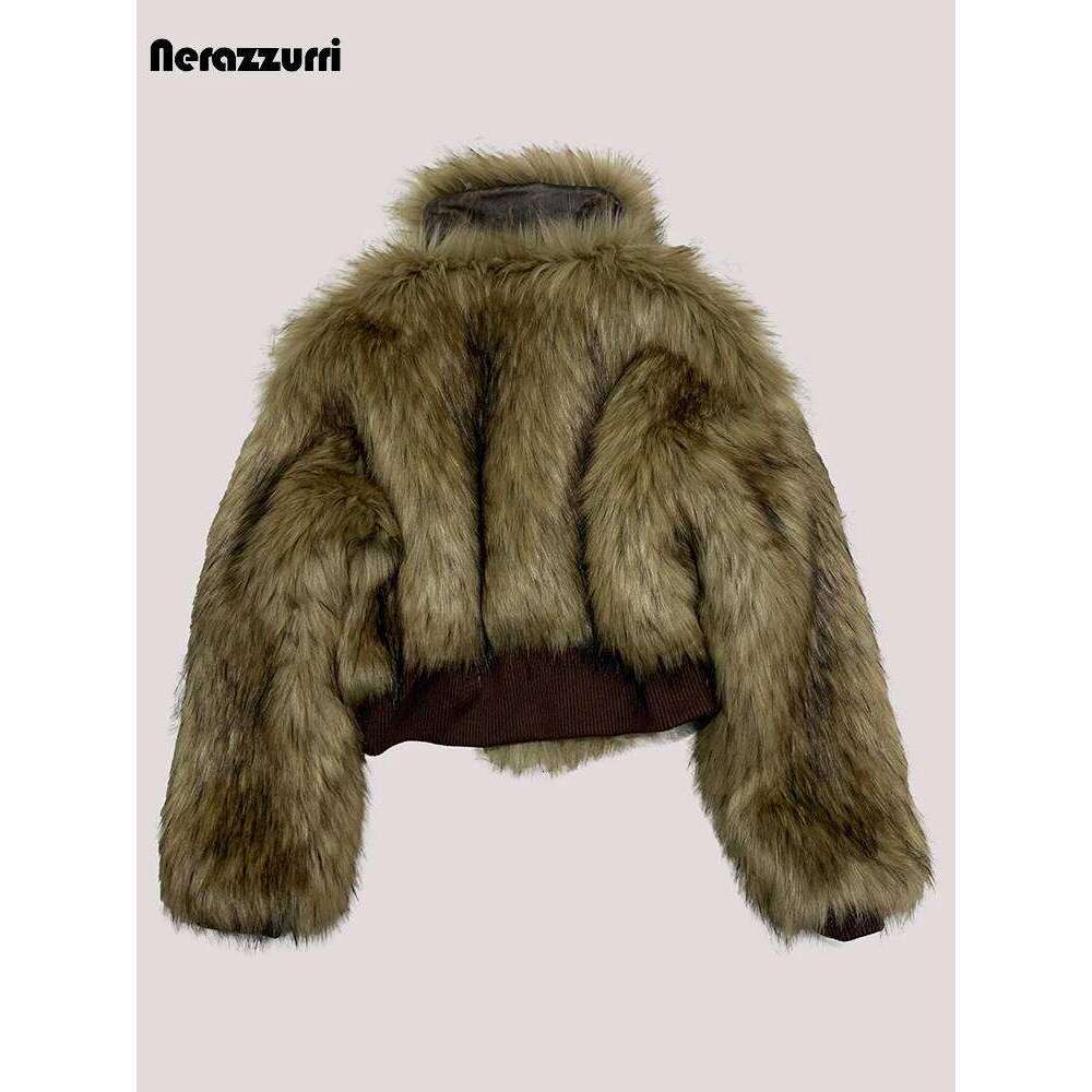 Nerazzurri Winter Cool Short Warm Thick Hairy Shaggy Faux Fur Coat Women Zipper Chic Designer Clothes Fluffy Jacket 2025