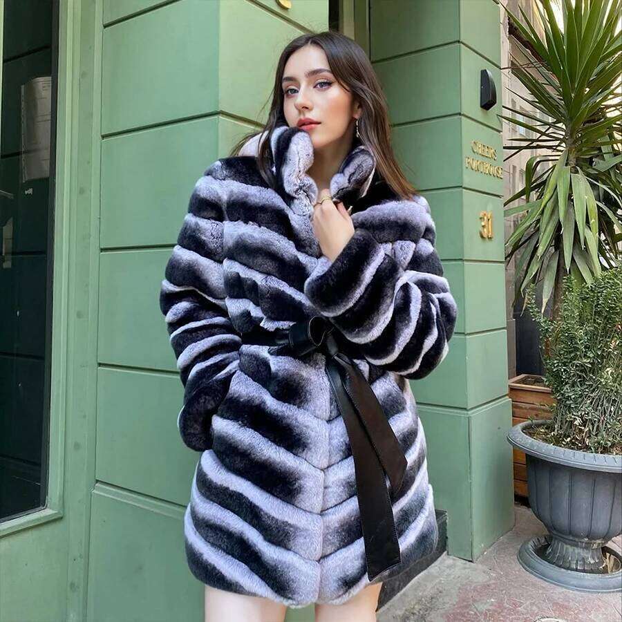 Natural Pelt Jackets Long Style Chinchilla Color Coat For Women Real Rabbit Fur High Quality Genuine Leather Jacket