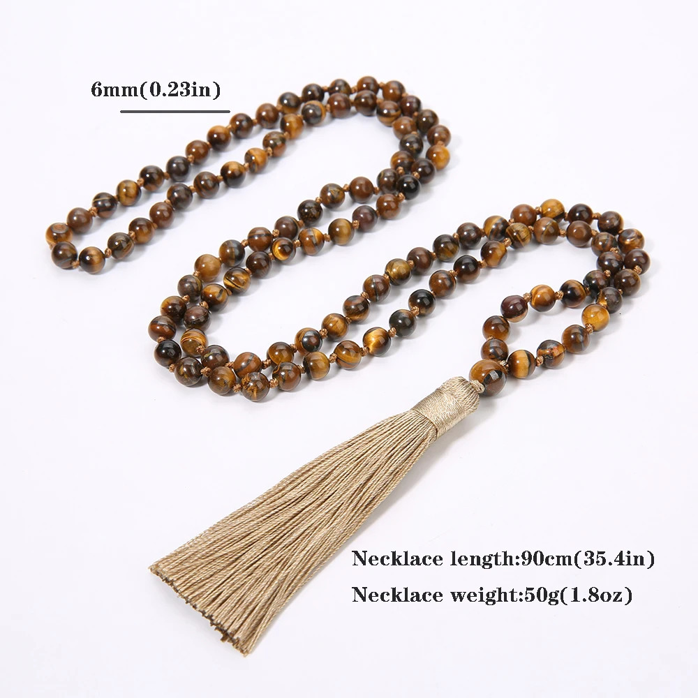 6mm Yellow Tiger Eye Mala Beads Necklace - Serene Meditation Aid with 108 Knotted Japa Mala Beads Tassel Detail 250604