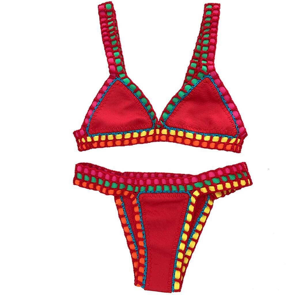 Women Boho Sexy Swimwear with Elastic Handmade Red Crochet Beachweaar 2 Pieces Bikini Set Poolside Wear Vacation Outfits