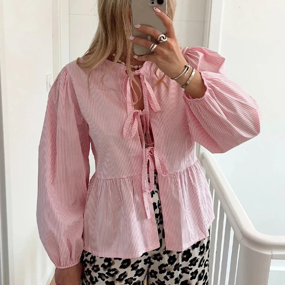Summer Blouses For Women Dressy Casual Women Puff Short Sleeve Peplum Shirts Tie Front Ruffle Hem Blouse Blusa Elegante Feminina 250610