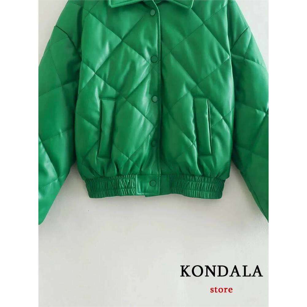 KONDALA Vintage Green Leather Loose Jackets Women Long Sleeve Single Buttons Turn Down Collar Coats Fashion 2022 Outwears