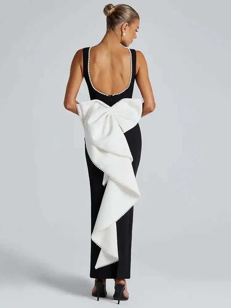 Mozision Elegant Pearl Bow Backless Sexy Maxi Dress Women Gown Fashion Sleeveless High Waist A-line Club Party Long Dress XJ250610