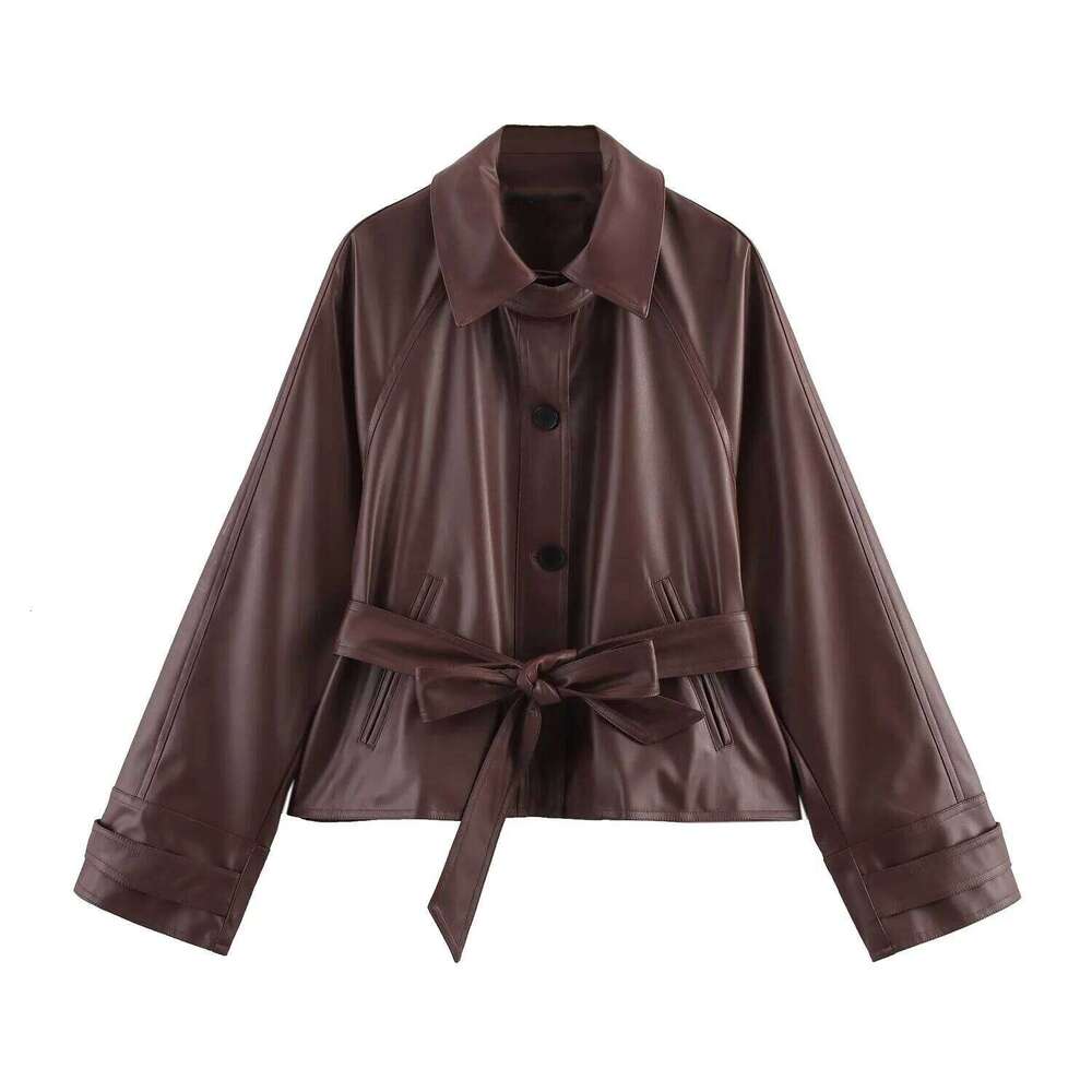 2025 Myst&Za women's summer new jacket with collar and belt, commuting casual faux leather short jacket, windbreaker