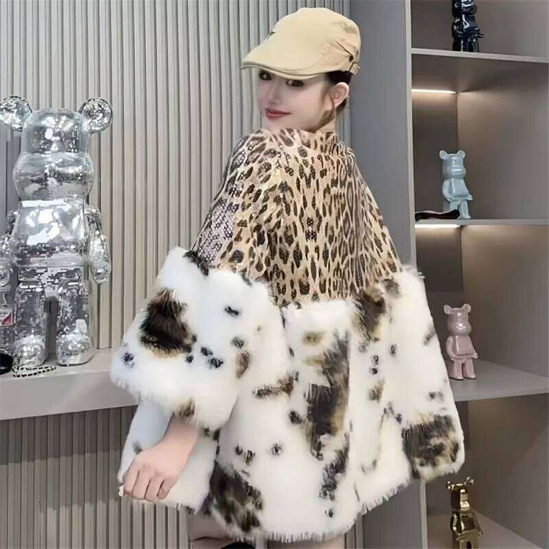 Faux Mink Fur Coat for Women,Leopard Print Spliced Jacket,Thick Warm Clothes,High Quality,Autumn and Winter,2024