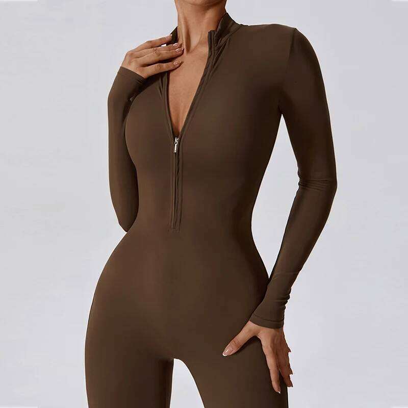 Spring Autumn Sporty Jumpsuit Woman Zipper Yoga Bodysuit Fiess Set Long Sleeve Workout Overalls Zip Women's Tracksuit Outfits