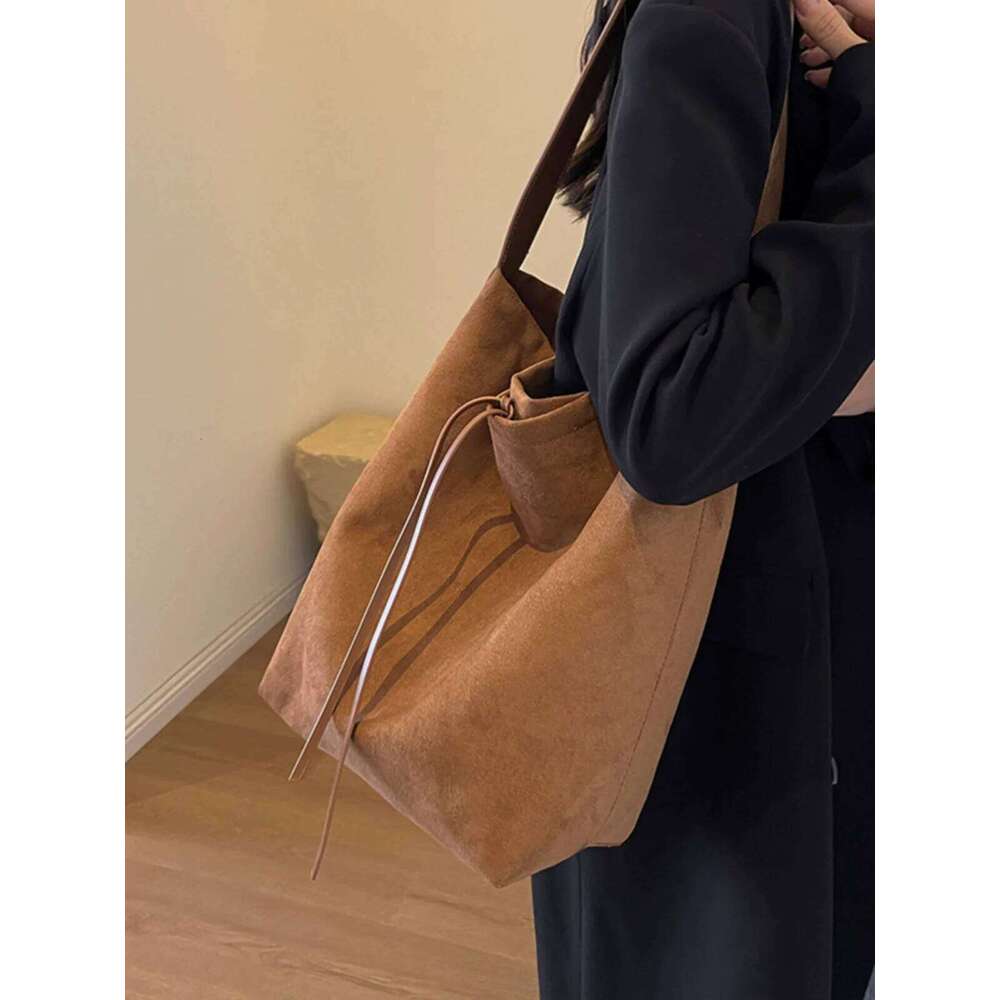 Vintage Brown Black Faux Suede Bucket Design Women's Solid Color Large Capacity Shoulder Purse Totes Bag Composit
