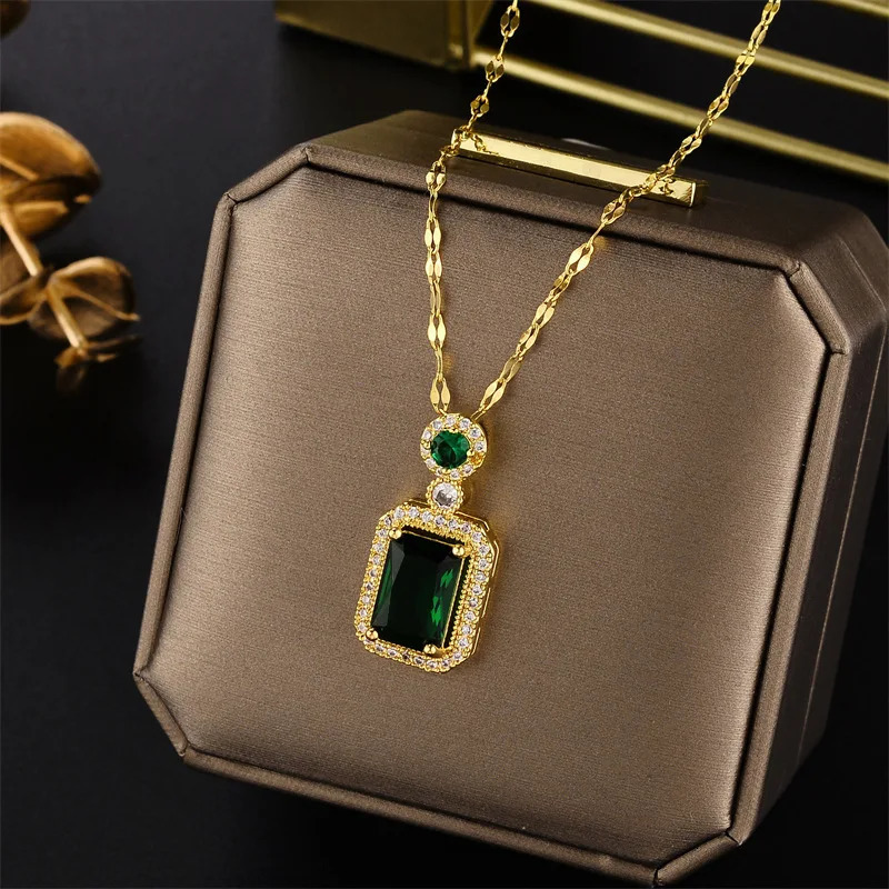 DIEYURO 316L Stainless Steel Square Green Red Zircon Pendant Necklace For Women Classic Girls Jewelry Chain Birthday Gift 250609
