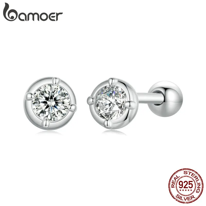 BAMOER Diamond 925 Sterling Silver Bezel Setting Moissanite Stud Earrings Round Cut Lab Diamond Earrings for Women Wedding Jewelry Gift Romantic MSE04