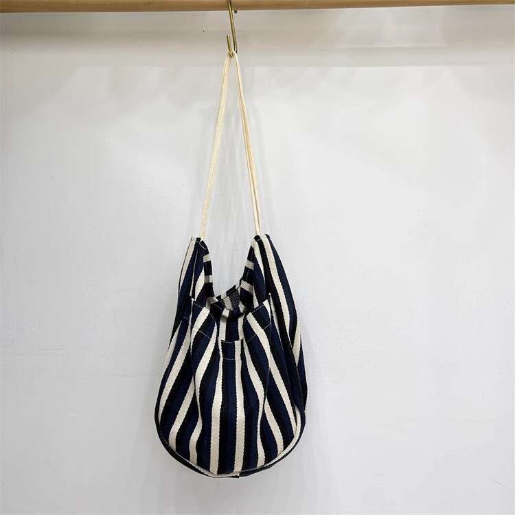 Korean Style Lazy Wind Literary Fresh Simple Striped Canvas 2024 New Large Capacity Tote Shoulder Bag Trend