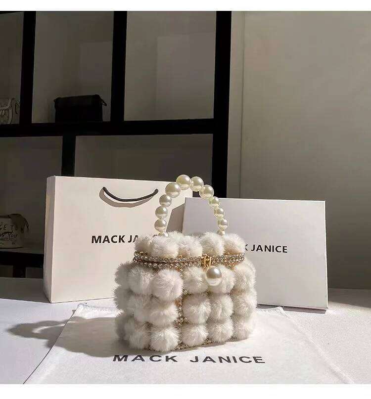 Designer Luxury Mink Hair Metal Cage Pearl Beading Women's Handbag Crystal Dias Evening Wedding Party Clutch Purse Crossbody Bag