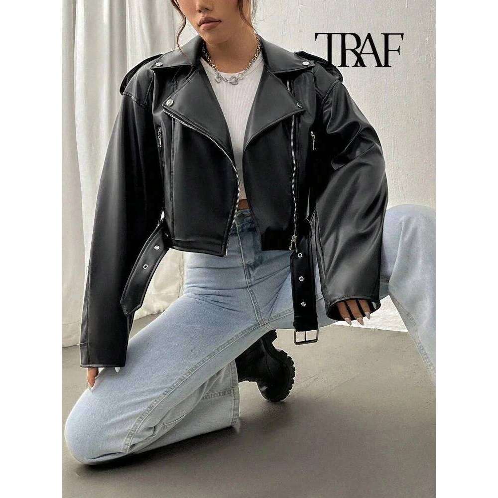 TRAF Women's Vintage Loose Belt Shoulder Badge Zipper Lapel Jacket Handsome Washed Leather Motorcycle Clothing