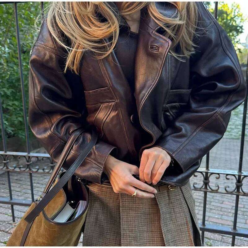 Vintage Bury Faux Leather Jackets Long Sleeve Single Breasted Pockets Lapel Coats 2024 Autumn Wwinter New Lady Streetwears