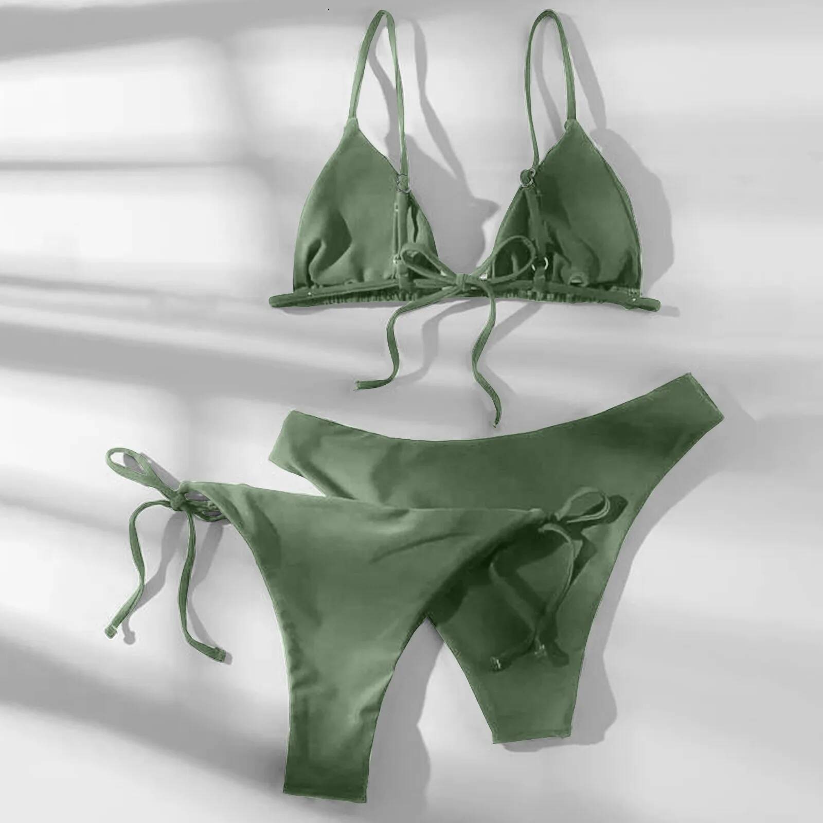 Sexy 3 Pieces Swimwear Women Lace Up Micro Bikini Set Female Solid Low Waist Swimsuit Beachwear Bathing Suit