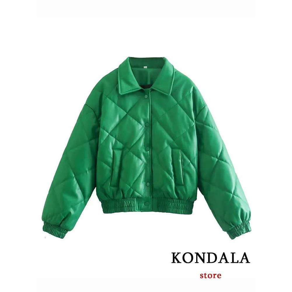 KONDALA Vintage Green Leather Loose Jackets Women Long Sleeve Single Buttons Turn Down Collar Coats Fashion 2022 Outwears