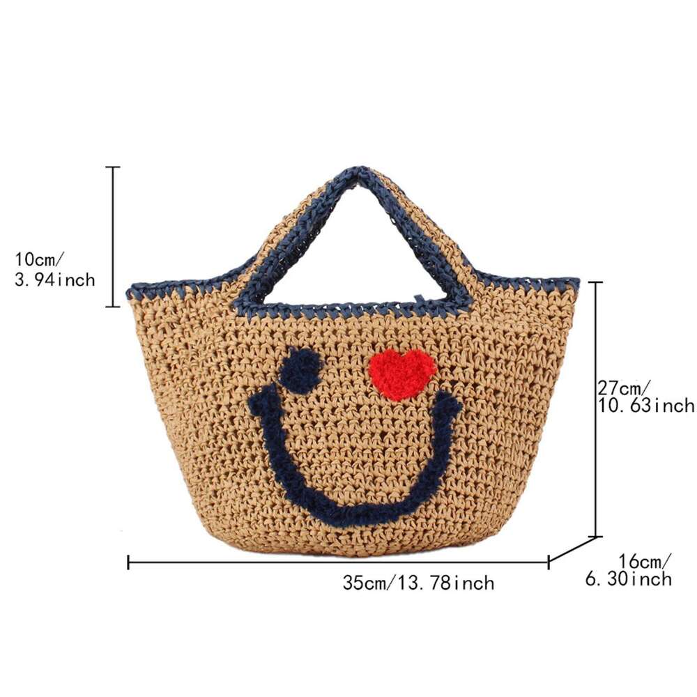 New Arrival Straw Woven Handbag Cute Smiling Face Bucket Knitted Bag Summer Beach Top-Handle Totes Ladies Travel Shopping Purse