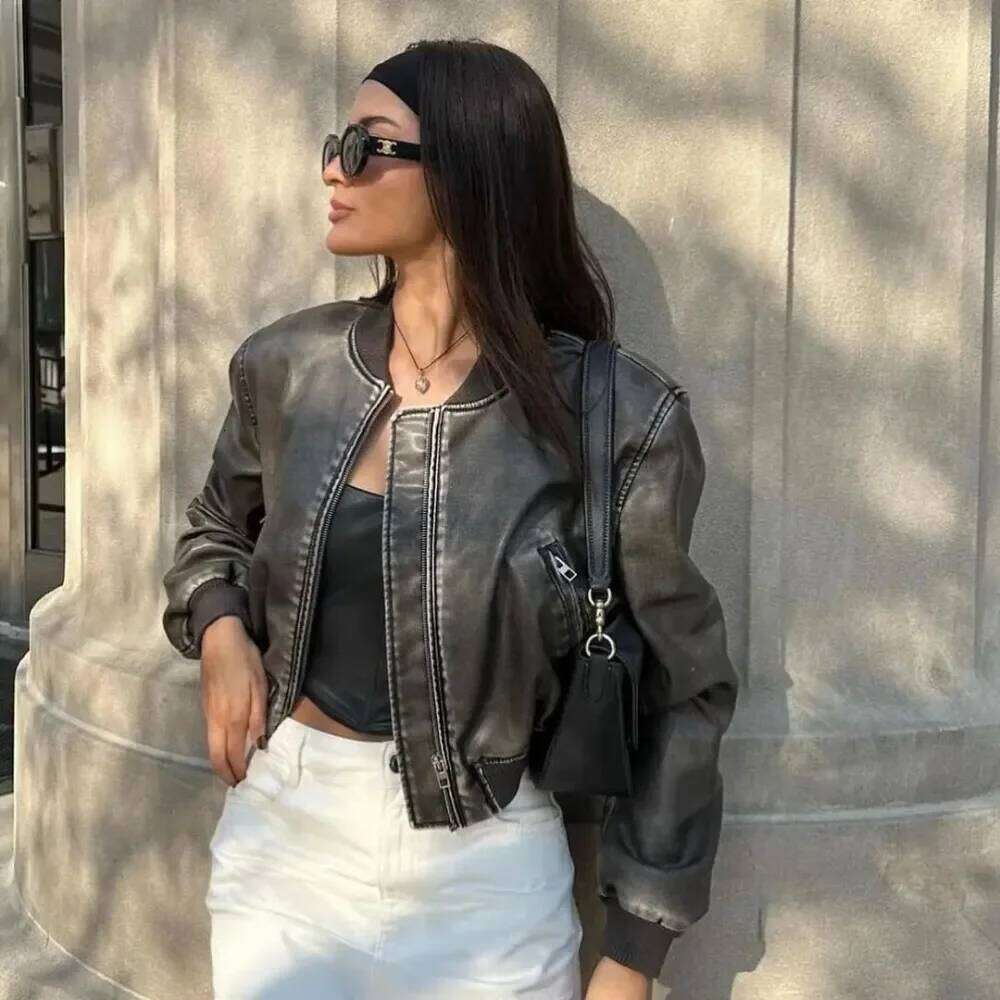 Women Washed Faux Leather Loose Jacket Vintage Gradient Zipper Short Spring Lady Locomotive Chic Eco-Friendly Leather Coat