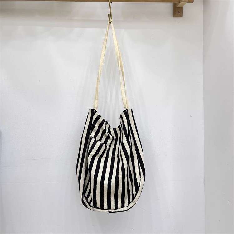Korean Style Lazy Wind Literary Fresh Simple Striped Canvas 2024 New Large Capacity Tote Shoulder Bag Trend