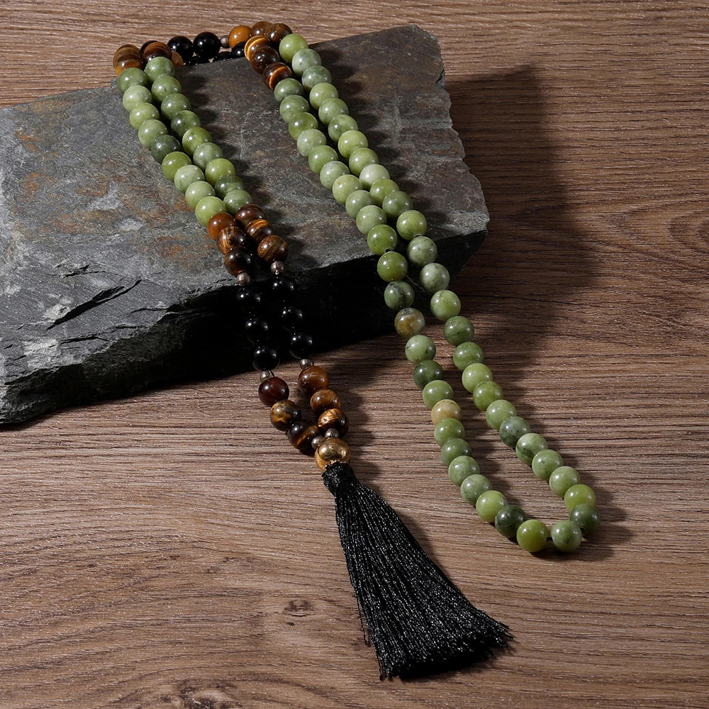 OAIITE 108 Mala Beaded Necklace 8MM Southernjade Black Onyx Japamala Blessing Meditation Buddha Head Tassel Long Chain Jewelry 250604