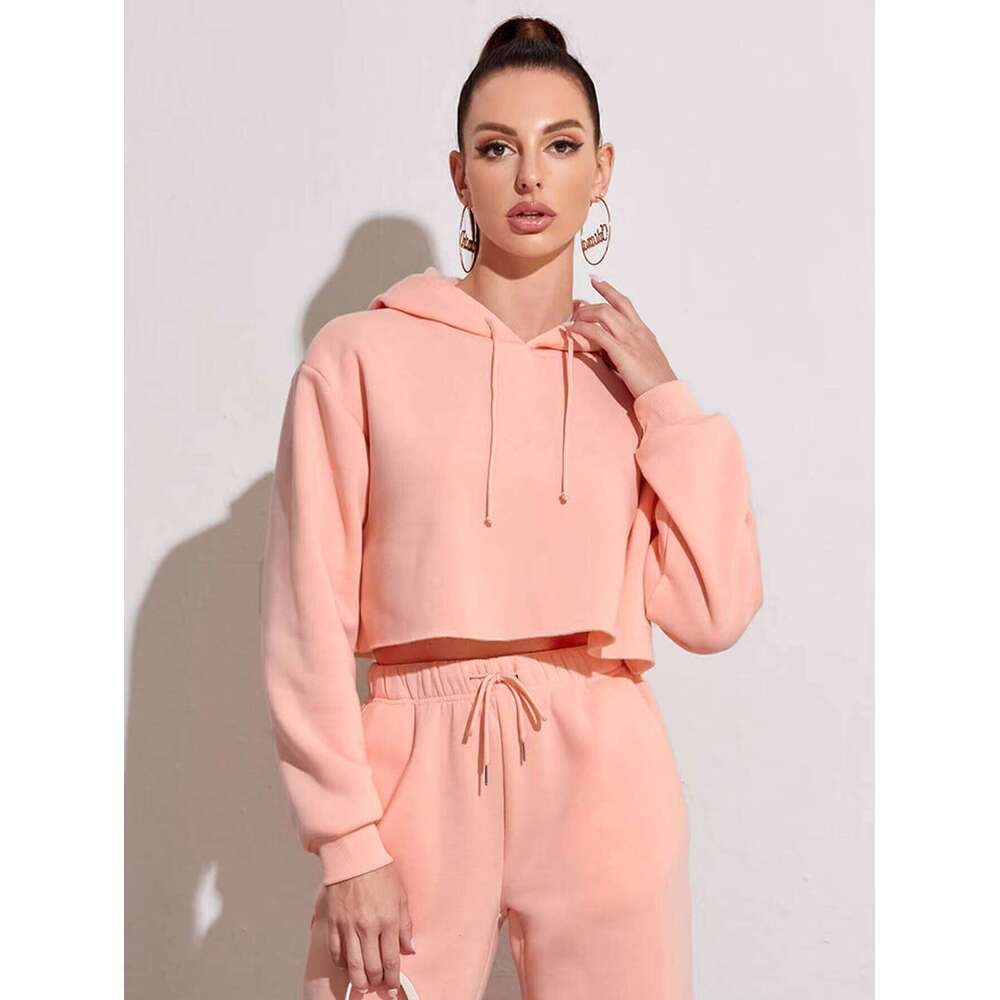 Premium Solid Color Long Sleeve Pullover Crop Sweatshirt Women's Hoodie Cotton Sports Streetwear