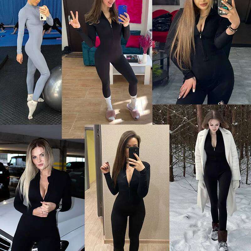 Spring Autumn Sporty Jumpsuit Woman Zipper Yoga Bodysuit Fiess Set Long Sleeve Workout Overalls Zip Women's Tracksuit Outfits