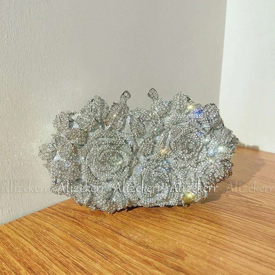 Alizekerr Rose Crystal Evening Clutch Bags Women New Boutique Sparkling Dia Flower Purses And Handbags Wedding Party