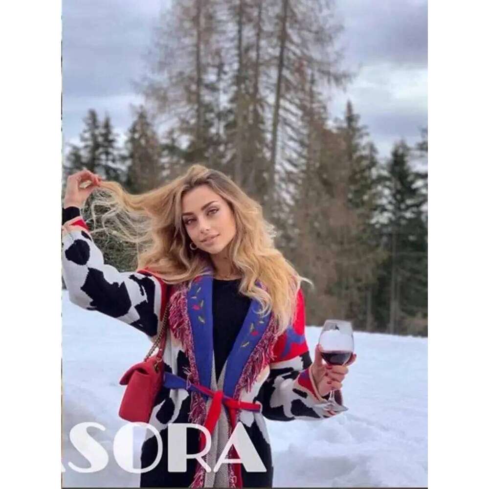 Hand-Made Jacquard Fringed Trims Long Sleeve Cardigan Winter Clothes Women