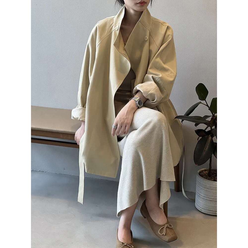 Sleeve Windbreaker Women Vintage Elegant Trench Coat Office Lady Belt Jacket Loose Waist Stand Collar Fashion Long Coats