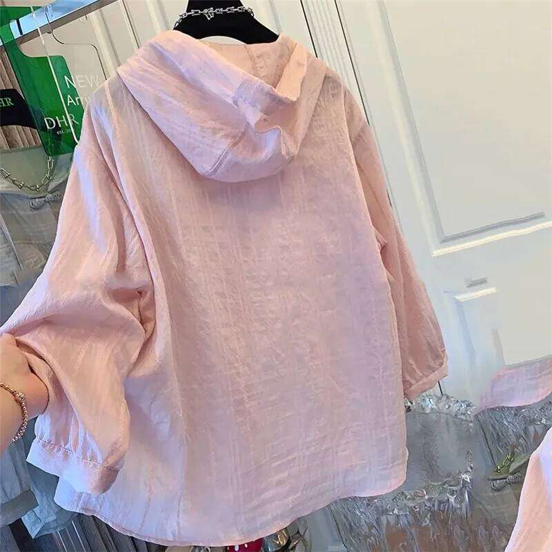 Spring Summer Hooded Sunscreen Shirt Coat Women2024new Fashion Loose Vasual Large Size Thin Tops Pure Colour Blouse Female