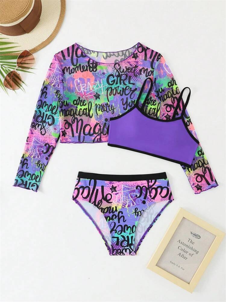 Bikini Kids Girls Swimsuit 2025 New Purple Letter Sling Mesh Long Sleeve Children Bikinis Set Swimwear Summer Beach Bathing Suit