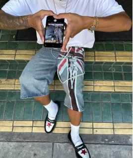 Retro British style zipper printed denim shorts hip-hop fashion mens Y2K summer loose casual couple sports punk Harajuku shorts W250610