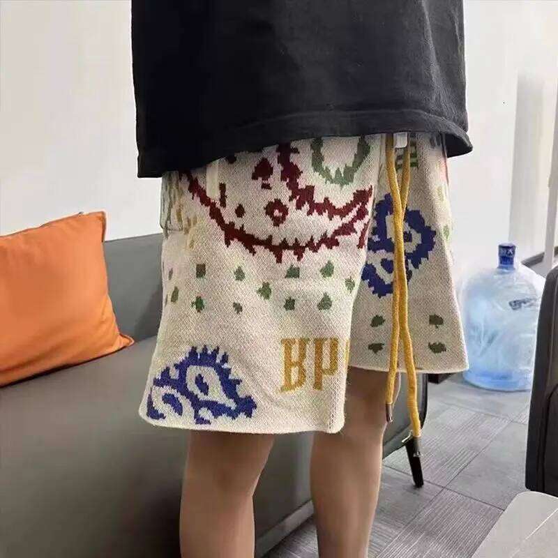 Cashew Flower Knitted Men Women Drawstring Loose Five Quarter Pant Summer American Vintage High Street Casual Shorts