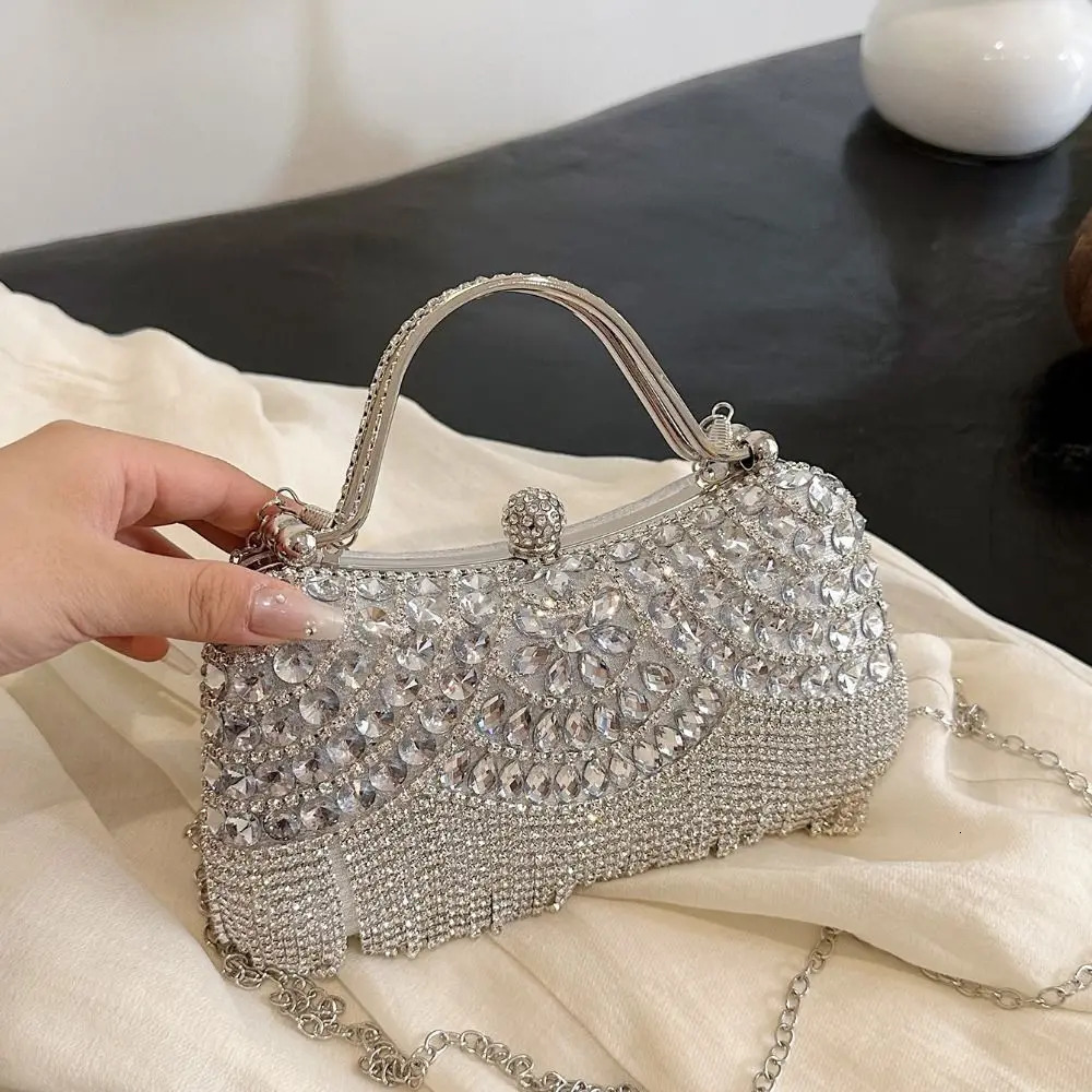 Metal Top Handle Tassel Evening Banquet Bag Glitter Wrist Bag Box Handbag Large Capacity Rhinestone Ladies Clutch Bag Women 250606