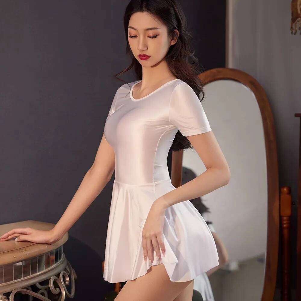 Sexy Gloss Tights summer dress Short sleeve round neck Shiny One piece swimsuit short skirt sports Oil swim body suit