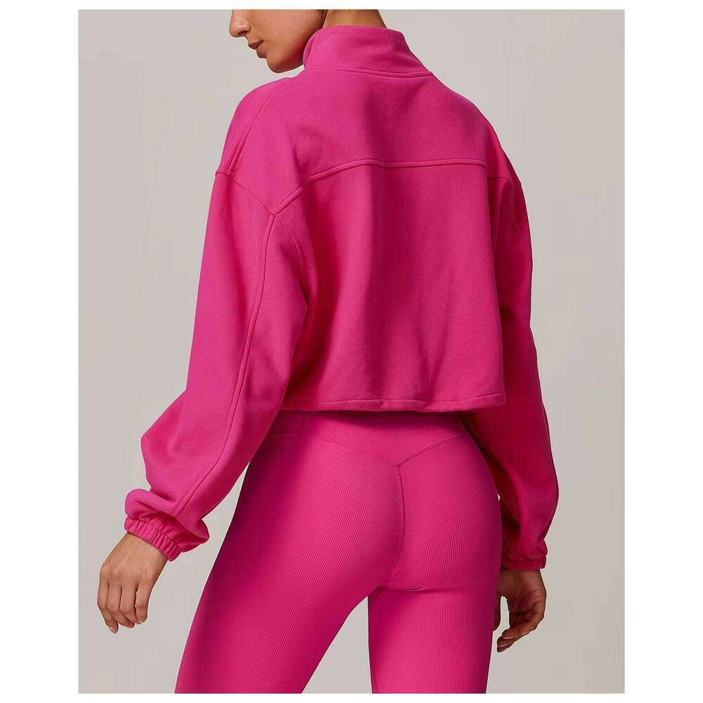 Cotton Sportswear Outdoor Sports Running Jacket High Collar Hoodie Women Drawstring Hem Short Yoga Top Sweatshirt