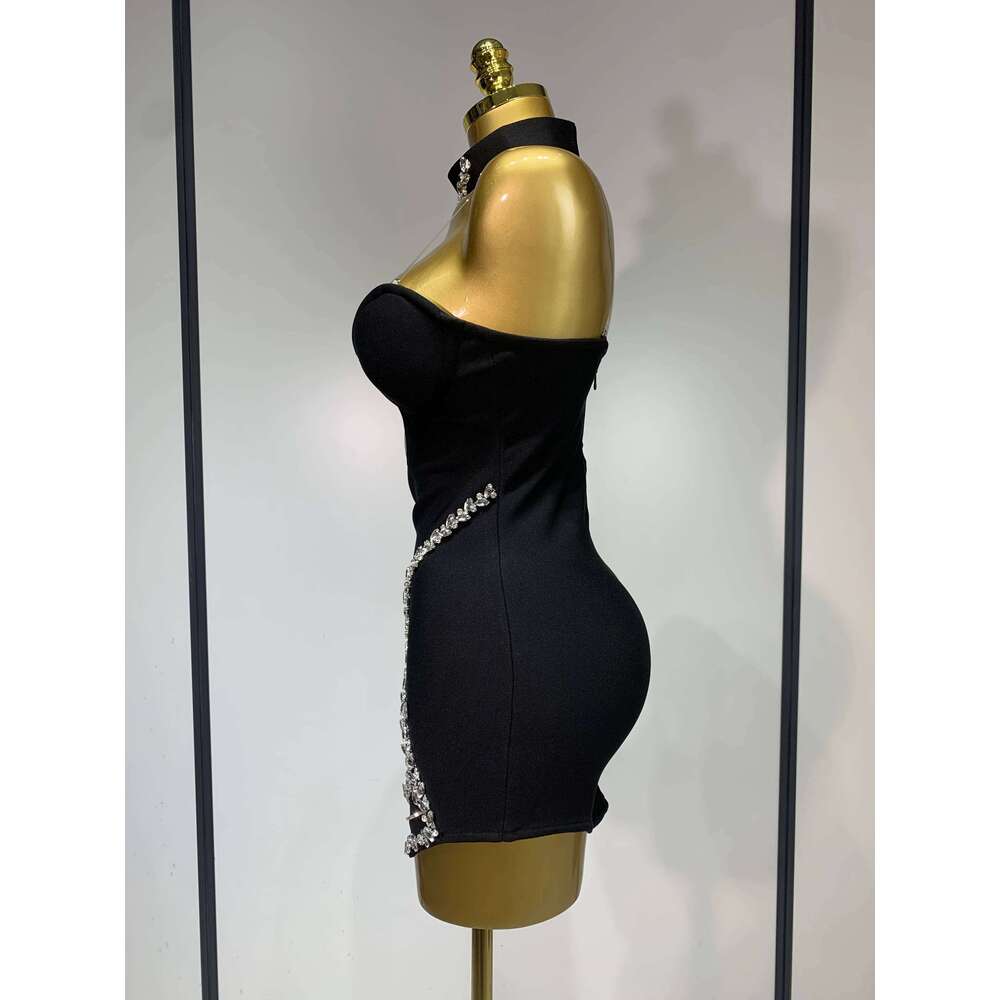 Sparkly Rhinestones Chain Bodycon Strapless Mini Bandage Dress 2025 Women Backless Birthday Evening Party Club Dresses