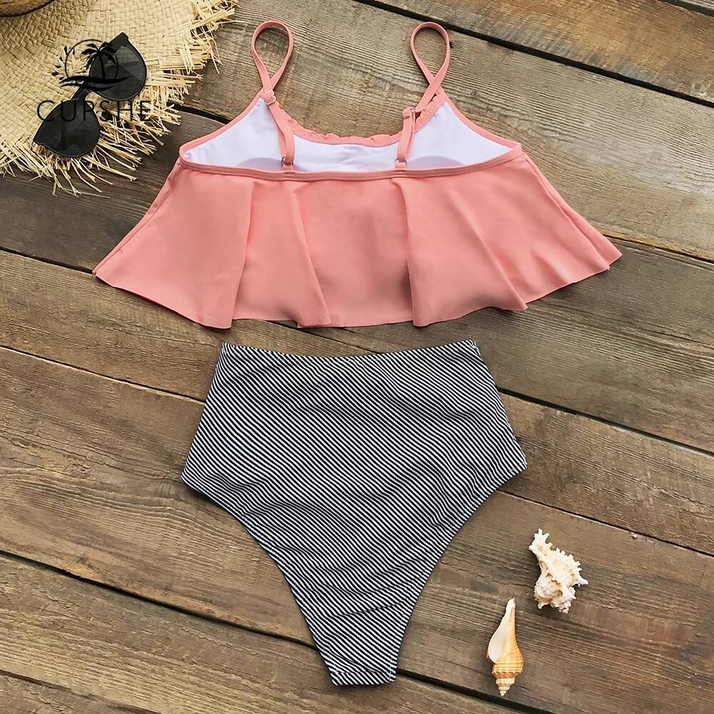 Cupshe Pink and Stripe High Waisted Bikini Sets Sexy Tank Top Swimsuit Two Pieces Swimwear Women New Beach Bathing Suits