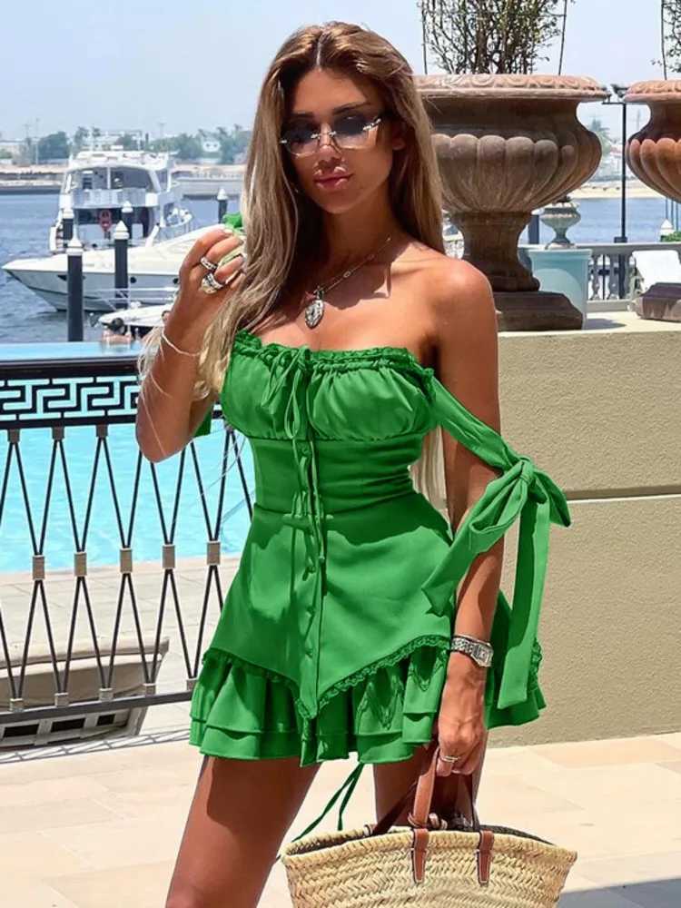 Mozision Sleeveless Ruffled Sexy Mini Dress For Women Robe Spaghetti Strap Backless Lace-up Bodycon Dress Elegant Clubwear XJ250610