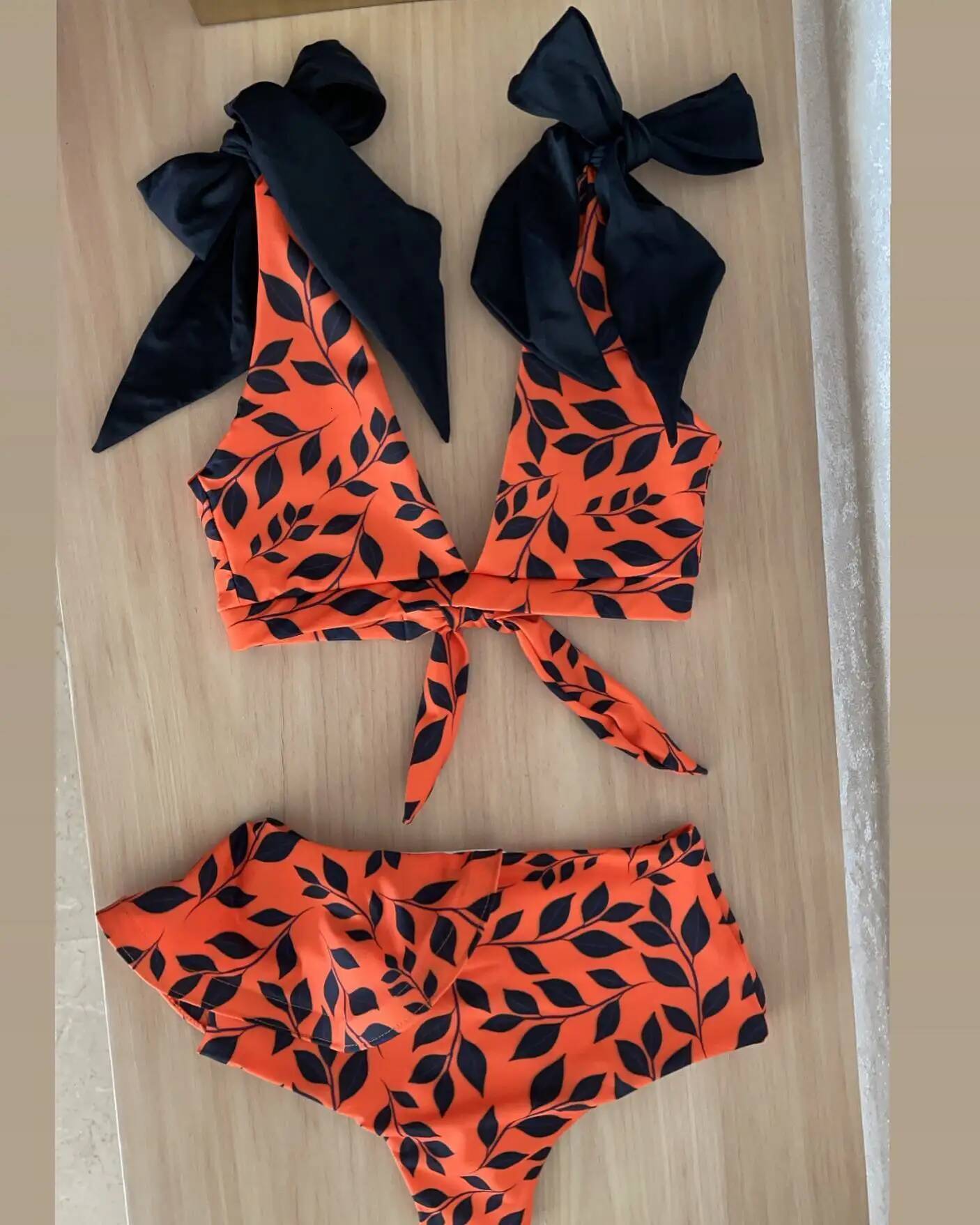 2025 New Print Bikini Ruffle Deep-V Swimwear High Waist Women's Swimsuit Summer Biquini Beachwear Bathing Suit Monkini Female