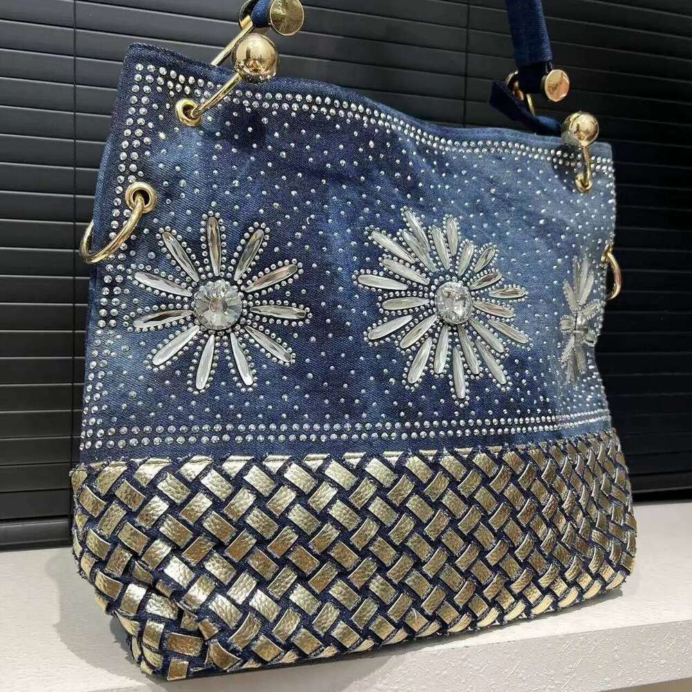 Women's Fashion Denim Braided Bucket Large Capacity Gradient Dia Decorated Shoulder Crossbody Bag
