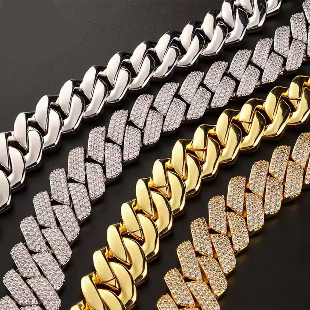 OACOCA Popular Mossinate Cuban Chain for Men 3rows 8mm-14mm Width Hip Hop Necklace Jewelry 925 Solid Silver Chain Necklace