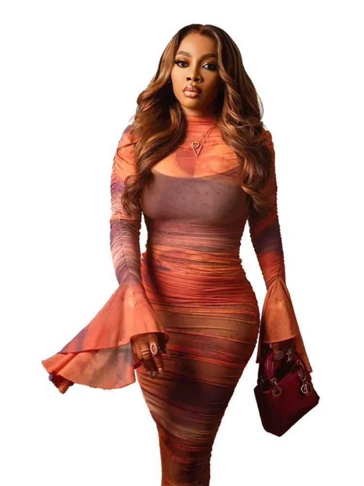 Chaxiaoa Print Flare Sleeve Sexy Maxi Dress for Women Elegant High Waist Ruched Bodycon Club Party Female Fashion Long DressXJ250610