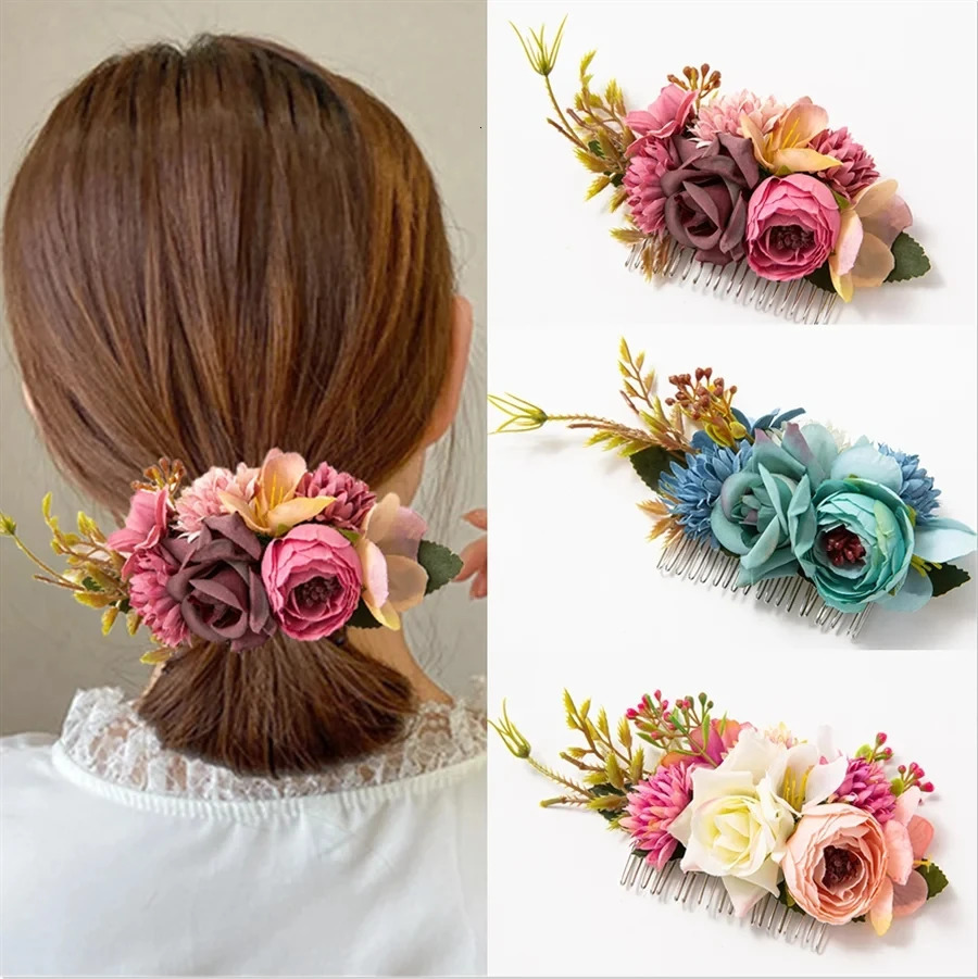 Bohemia Brides Wedding Flower Hair Comb Hairpin Bridesmaid Headdress Hair Combs Hair Accessories for Women Girls Floral Hairpins 250610