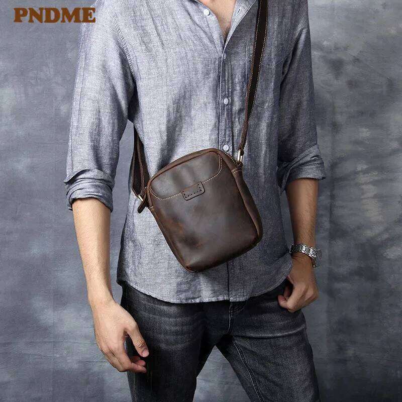 Vintage natural genuine leather men's small phone fashion casual crazy horse cowhide daily shoulder messenger bag