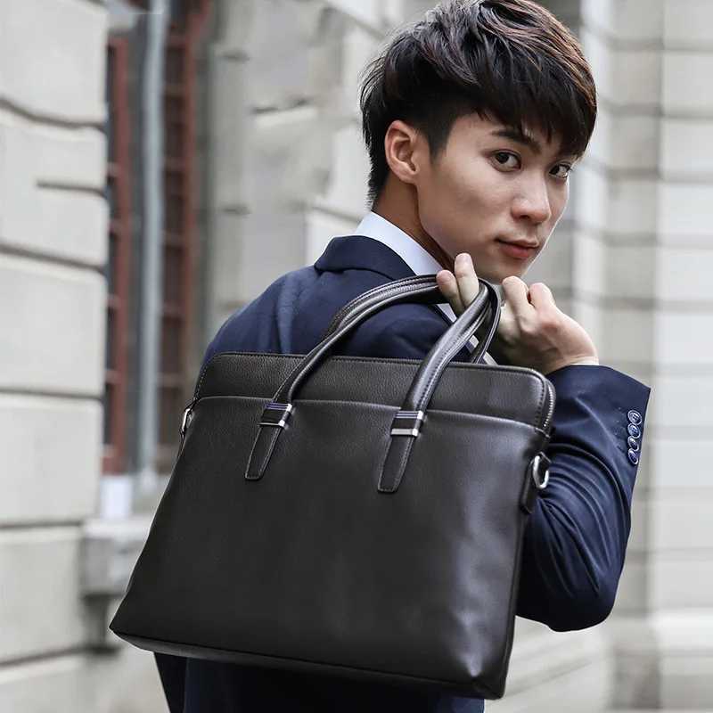 Mens Premium Leather Briefcase - 14 Laptop Business Bag for Office Travel with Detachable Shoulder Strap W250610