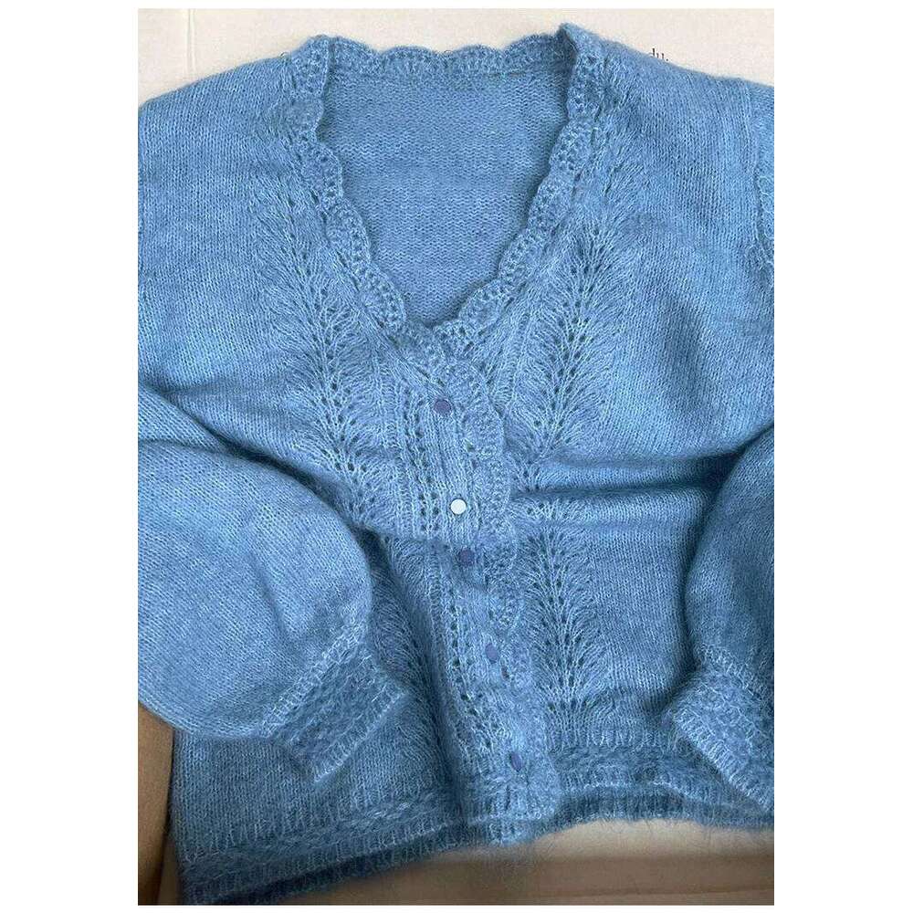 Haze Blue Mohair Cardigan Autumn and Winter Crochet V-Neck Hollow Puff Sleeve Sweater Women