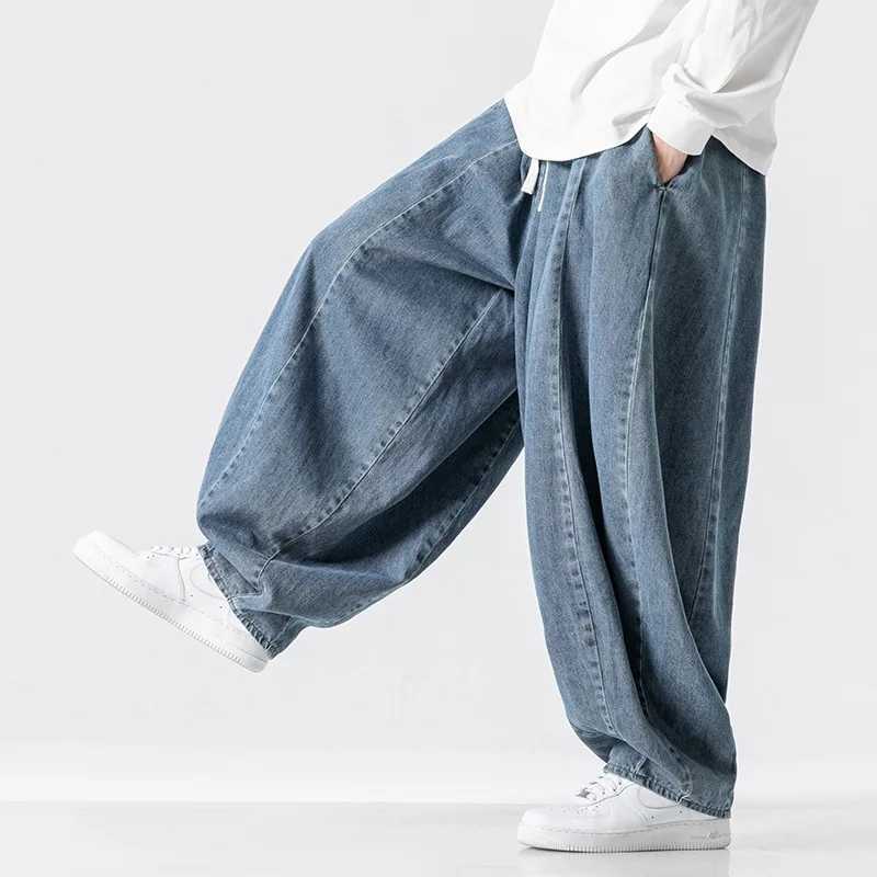 Vintage Loose Harem Pants Men Hip Hop Denim Wide Leg Pants Mens Solid Color Straight Streetwear Jeans Elastic Waist Trousers Man M250610
